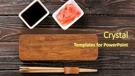  Presentation with empty of wood table top - Slide deck enhanced with plate for sushi with sauce background and a tawny brown colored foreground