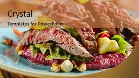  Presentation with veal - PPT layouts consisting of plate fresh juicy medium rare background and a coral colored foreground