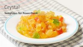  Presentation with tropical - Colorful theme enhanced with mango jelly - plate of candied tropical fruits backdrop and a lemonade colored foreground