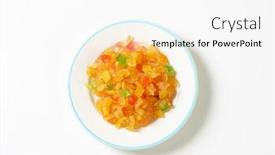  Presentation with white plate - Theme having plate-of-candied-tropical-fruits background and a white colored foreground