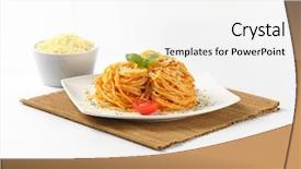  Presentation with spaghetti - Cool new presentation theme with plate of cooked spaghetti with red pesto and grated parmesan cheese on brown place mat backdrop and a white colored foreground