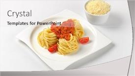  Presentation with white cheese - Presentation enhanced with plate of cooked spaghetti with red pesto and bowl of grated parmesan cheese on white background background and a white colored foreground