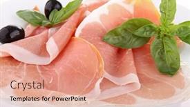  Presentation with manufacturingsteel plate - Audience pleasing PPT layouts consisting of plate-of-cured-ham backdrop and a coral colored foreground
