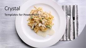  Presentation with pasta - Slide deck featuring plate of delicious pasta alfredo background and a sky blue colored foreground