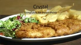  Presentation with green plate - Presentation enhanced with plate of fish and chips with green salad on the side on a wooden table background and a gold colored foreground