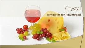  Presentation with red wine cheese - Presentation design consisting of plate of fresh cheese glass of red wine and grapes on white background background and a sky blue colored foreground