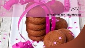  Presentation with pink ribbon - PPT layouts with plate of fresh chocolate cookies with pink ribbon and confetti on rustic wooden background background and a coral colored foreground