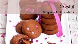  Presentation with pink ribbon - Beautiful slide set featuring plate of fresh chocolate cookies with pink ribbon and confetti on rustic wooden background backdrop and a coral colored foreground