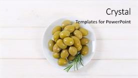  Presentation with shades of olive green - Colorful presentation theme enhanced with plate of green olives with fresh rosemary on white background backdrop and a sky blue colored foreground