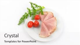  Presentation with cherry - Colorful slides enhanced with plate of ham slices with fresh dill and cherry tomatoes on white background backdrop and a white colored foreground