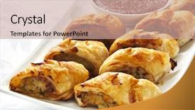  Presentation with rock n roll party - Amazing PPT layouts having plate of homemade sausage rolls backdrop and a coral colored foreground