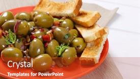  Presentation with green plate - Amazing PPT layouts having plate of marinated green olives with toasts on beige place mat - close up backdrop and a crimson colored foreground