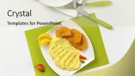  Presentation with breast - Colorful slide deck enhanced with plate of mashed potato puree with chopped chives and breaded turkey breast on green place mat backdrop and a soft green colored foreground