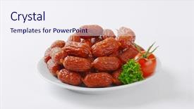  Presentation with sausages - PPT theme having plate of mini sausages on white background background and a sky blue colored foreground