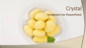  Presentation with white plate - Amazing PPT theme having plate of peeled potatoes on white background backdrop and a lemonade colored foreground