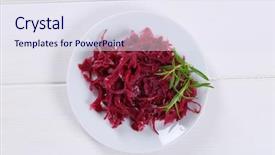  Presentation with red and white - Audience pleasing theme consisting of plate of pickled red cabbage backdrop and a sky blue colored foreground