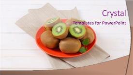  Presentation with kiwi - Audience pleasing PPT theme consisting of plate of ripe kiwi on beige place mat backdrop and a sky blue colored foreground