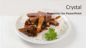  Presentation with white plate - Slides enhanced with plate of roasted meat ear mushrooms and rice noodles on white background background and a lemonade colored foreground