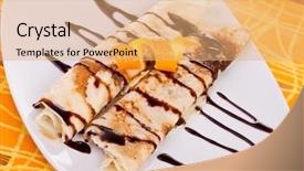  Presentation with syrup - PPT theme having plate of rolled pancakes with orange and syrup on top background and a coral colored foreground