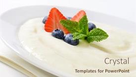  Presentation with pudding - Audience pleasing presentation theme consisting of plate of semolina pudding with fresh fruit - close up backdrop and a lemonade colored foreground