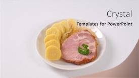  Presentation with smoke - Theme enhanced with plate of smoke pork neck with potato dumplings and sauerkraut background and a white colored foreground