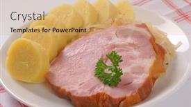  Presentation with potato - PPT theme consisting of plate of smoke pork neck with potato dumplings and sauerkraut - close up background and a coral colored foreground