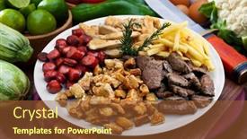 Presentation with snacks - Presentation theme enhanced with plate-of-snacks-meat-potatoes background and a tawny brown colored foreground