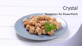  Presentation with soy - Colorful slide set enhanced with plate of soy meat cubes backdrop and a sky blue colored foreground
