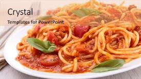  Presentation with spaghetti - PPT theme with plate of spaghetti and tomato background and a coral colored foreground