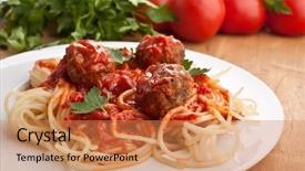  Presentation with spaghetti - PPT layouts consisting of plate of spaghetti with meatballs background and a coral colored foreground