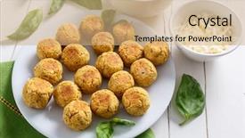  Presentation with chickpea - Presentation theme featuring plate of spicy chickpea meatballs with tomato sauce grated parmesan cheese and basil leaves background and a coral colored foreground