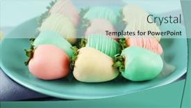 Presentation with chocolate covered strawberries - Slides consisting of plate of strawberries covered with colorful chocolate icing on napkin closeup background and a sky blue colored foreground