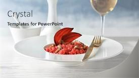  Presentation with beetroot - Presentation design consisting of plate of tasty beetroot risotto with mushrooms on table closeup background and a light blue colored foreground