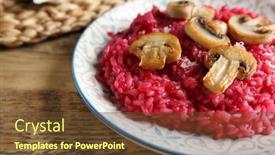  Presentation with beetroot - Slide set with plate of tasty beetroot risotto with mushrooms on table closeup background and a tawny brown colored foreground