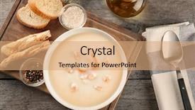  Presentation with shrimps - Audience pleasing slide deck consisting of plate of tasty cream soup with shrimps on table backdrop and a coral colored foreground