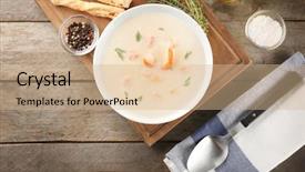  Presentation with shrimps - Audience pleasing PPT theme consisting of plate of tasty cream soup backdrop and a coral colored foreground