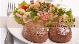  Presentation with burgers - Beautiful slides featuring plate of two burgers with potato salad on white background backdrop and a coral colored foreground