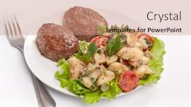  Presentation with burgers - Colorful PPT layouts enhanced with plate of two burgers with potato salad on white background backdrop and a coral colored foreground