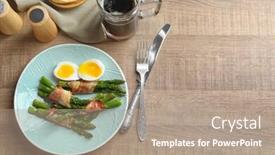  Presentation with asparagus - Amazing PPT theme having plate with bacon wrapped asparagus on table backdrop and a coral colored foreground