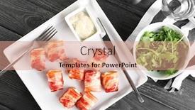  Presentation with nuggets - Amazing PPT theme having plate with bacon wrapped chicken nuggets on table backdrop and a coral colored foreground