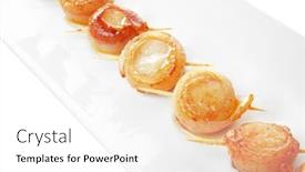  Presentation with bacon - Presentation theme consisting of plate with bacon wrapped scallops on white background background and a white colored foreground