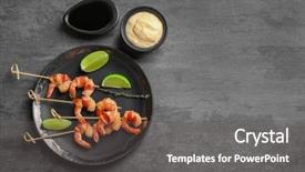  Presentation with sauces - Theme enhanced with plate with bacon-wrapped shrimps background and a gray colored foreground
