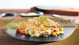  Presentation with brown rice - Amazing PPT layouts having plate with brown rice and vegetables on wooden table backdrop and a yellow colored foreground