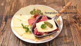  Presentation with cheese - Presentation theme having plate-with-cheese-raclette-winter background and a coral colored foreground