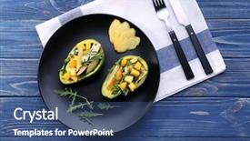  Presentation with boats - Audience pleasing PPT layouts consisting of plate with chicken salad in boats from avocado on table backdrop and a ocean colored foreground