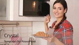  Presentation with role play woman and man - Amazing PPT theme having plate with croissants in microwave backdrop and a coral colored foreground