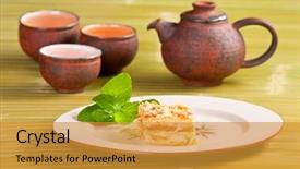  Presentation with tea cake - Audience pleasing PPT theme consisting of plate with cups for tea backdrop and a gold colored foreground