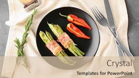  Presentation with green plate - PPT layouts enhanced with plate with delicious bacon-wrapped green beans on fabric background and a lemonade colored foreground
