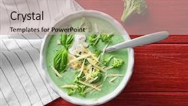  Presentation with soup - Colorful PPT layouts enhanced with plate with delicious broccoli cheese backdrop and a mint green colored foreground