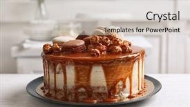  Presentation with cake - Amazing PPT theme having plate with delicious caramel cake backdrop and a light gray colored foreground